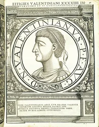 Valentiniano, ilustración de Imperatorum romanorum omnium orientalium et occidentalium verissimae imagines ex antiquis numismatis